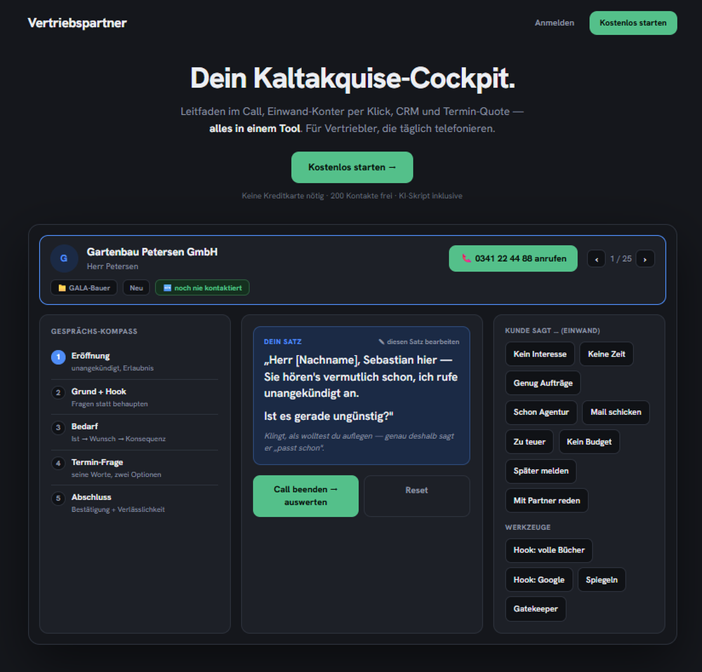 Das Cockpit der Vertriebspartner App während eines Anrufs mit Gesprächs-Kompass und Einwand-Kontern